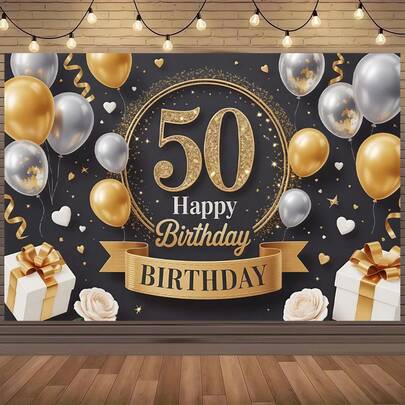 1 Golden 50th Birthday Celebration Banner, Perfect For Family Gatherings, Birthday Parties, Entrances, Room Decorations, Indoor/Outdoor Celebrations, 50th Birthday Party Decorations, Cake Table Decor, Photo Backdrop Decor.