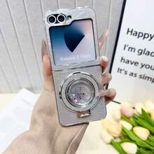 Galaxy Z Flip7/Z Flip6/Z Flip5/Z FE Folding Phone Case, Women's Fashion Cute Lightweight Protective Cover, Personalized Design, Electroplated Feather Pattern Glitter Kickstand Case, Suitable As Gift - Multicolor - View 4