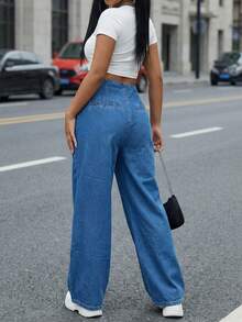 Jeans anchos de mujer de talle medio sin elastano para looks urbanos - Azul lavado oscuro - Ver 2