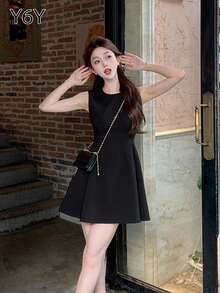 Y6Y 黑色无袖轻盈飘逸连衣裙 | 女士时尚甜美夏季短款连衣裙 - 黑色 - 查看 10