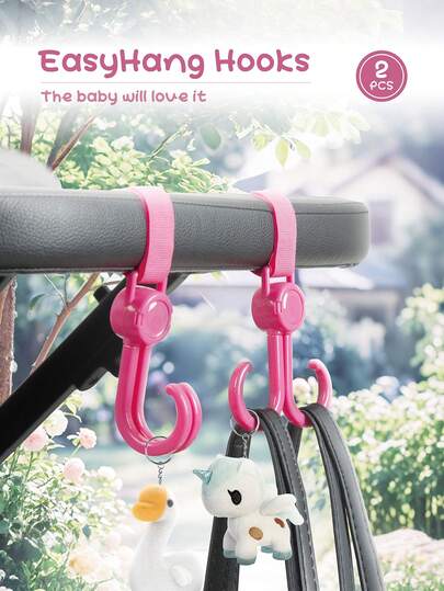 2pcs Colorful Baby Stroller Hooks, With Adjustable Hook And Loop, Available In Light Pink And Bright Pink, Strong Load-Bearing, Quick Installation, Used To Hang Mommy Bags, Essential For Parents Travel