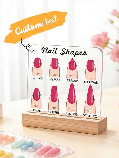 Personalized Customized Acrylic Nail Shape Display Stand-It Realistically Presents Eight Classic Nail Shapes (Round, Square, Arrow, Squoval, Oval, Coffin, Almond, Stiletto) With Vibrant Nail Polish, Crafted From Clear Acrylic And A Wooden Base. It Serves As A Thoughtful Gift For Beauty-Themed Festivals. Designed Specifically For Professional Nail Technicians