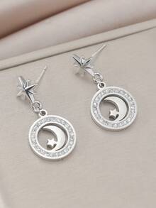 一对简约优雅的星月图案闪亮立方氧化锆不锈钢耳环，适合日常佩戴和开斋节佩戴。 - 彩色 - 查看 1