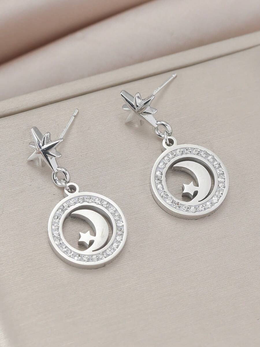 一对简约优雅的星月图案闪亮立方氧化锆不锈钢耳环，适合日常佩戴和开斋节佩戴。 - 彩色 - 查看 1