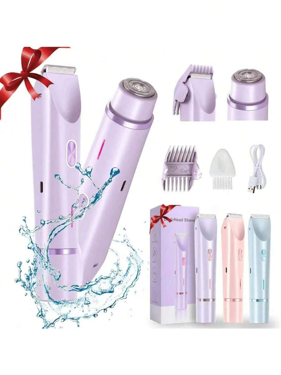 二合一女士电动剃须刀，适用于腿部、手臂、面部和比基尼区域，无线比基尼修剪器，可拆卸刀头，干湿两用，无痛剃须，电池供电便携式电动剃须刀兼修眉器 - 迷你面部脱毛器，适用于面部和身体，便携式电动修剪器，眉形修饰工具，女士面部剃须刀，电池容量：400mAh