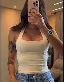 Women's Fitted Blouse Y2K HALTER Square Neck Basic Sexy Summer Fashion - TẮT - Xem 2