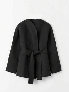 秋冬女士休闲羊毛和服式英伦复古V领系带开衫外套 黑色 - 黑色 - 查看 8