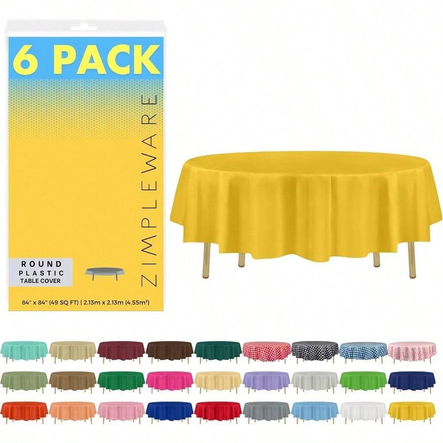 Premium Yellow Plastic Table Cloth Disposable (6 Pack) Round Tablecloth (84in) Party Table Cloths Disposable, Table Cloth Round Cover Any Table Up To 6 Feet - Yellow + 6 Pack 84" Round - View 1