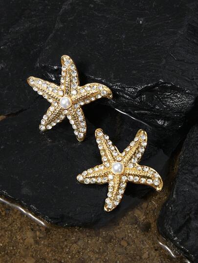 Opalesca 1 Pair Glitzy Rhinestone Starfish Stud Earrings, High-End Women's Earring Accessories For Daily Wear And Vacation