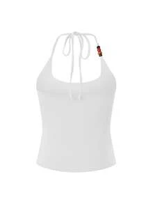 Women Beaded Halter Tops Y2K Tie Up Backless Shirts Summer Open Back Camisole Fashion Crop Tank Tops For Streetwear Aesthetic Grunge Clothes - 白色 - 查看 3