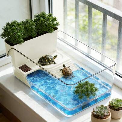 1 Set Small Anti-Fall High Transparent PET Aquarium Tank, With Feeding Area, Basking Platform And Planting Basket, Mini Desktop Reptile Box Easy To Clean, Floor-Standing Aquarium Suitable For Turtles, Fish And Reptiles