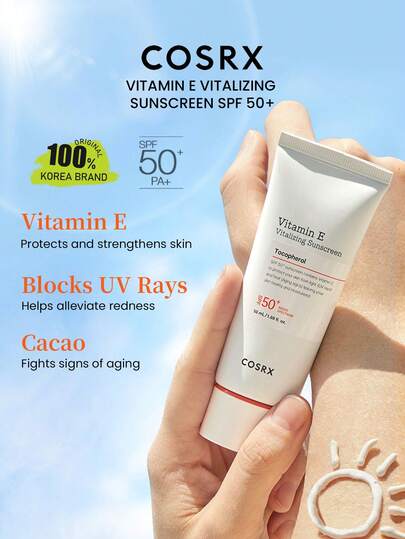 COSRX 50毫升维生素E防晒霜SPF50 PA+++，轻盈不油腻，日常保湿滋养抗氧化配方，适合所有肤质。