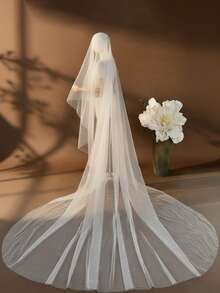 1件极简双层新娘面纱，适用于教堂婚礼、度假摄影道具、婚纱配饰，附赠发梳 - 乳白色 - 查看 5