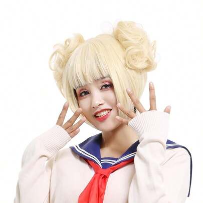 女士金色短卷马尾动漫角色扮演假发，带刘海，短直波波头假发，带2个爪夹，适合女士日常派对装扮，耐热合成金色刘海假发，适合狂欢节派对装扮。