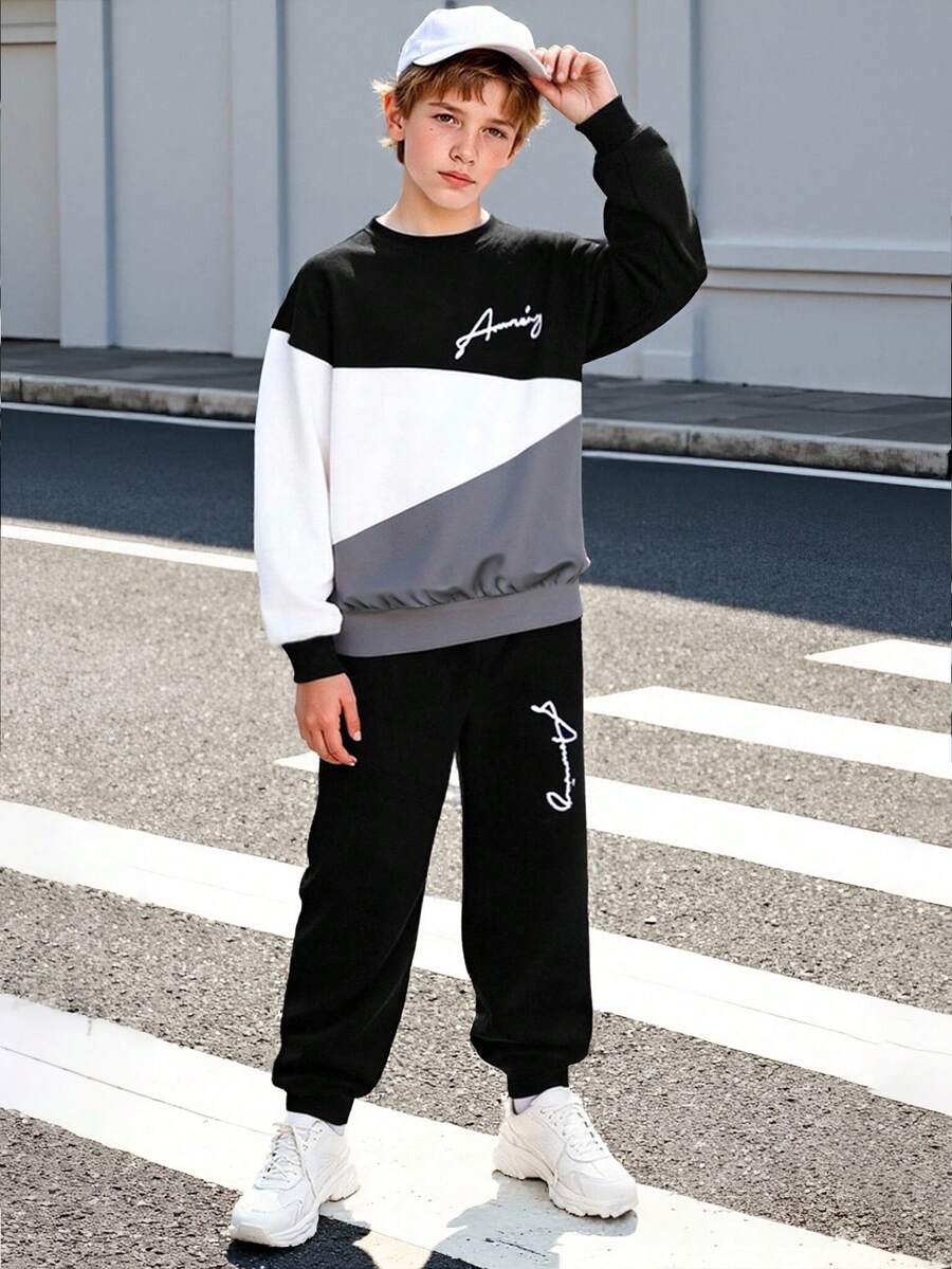 男童/青少年男童 春秋款運動衫與運動長褲兩件套,輕量配色字母印花長袖上衣與收口運動長褲,簡約休閒時尚童裝 - 黑色 - 查看 1