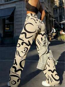 Spring Summer Women's Casual Fashionable Print Straight Cargo Pants, Y2k Multi-Pocket Long Pants, Vacation Beach Office School Outfits For Women - 杏色 - 查看 2