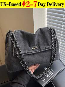 New Fashion Casual Solid Color Denim Effect Metal Chain Strap Flap Cover Women Shoulder Bag,Vintage Washed Jean Flap Over Shoulder Bag For Women, Adjustable Chain Strap Crossbody Purse With Magnetic Snap Closure, Large Capacity Casual Bag Fits Phone, Umbrella, Water Bottle For All Seasons, Travel, Commute & Date Nights In Black, Dark Blue & Light Blue[US Local Warehouse]The Best Gift Choice, Birthday Gift, Christmas Gift - 彩色 - 查看 7