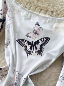 Vestido largo escote hombros descubiertos manga larga estampado mariposa cintura alta ajustado - Blanco - Ver 6