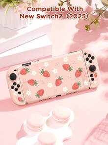 Ayotu 草莓花卉主题Switch保护壳，适用于新款Switch 2 (2025)/Switch NS/Switch OLED，无需取下即可在底座上使用，通用游戏手柄保护套，Switch游戏配件，防摔防刮，春日浪漫/返校礼物/情人节礼物 - 查看 14