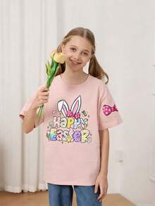 少女休闲趣味印花圆领短袖T恤，夏季上衣 - 粉色 - 查看 2