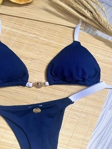 Navy Blue And White String Bikini With Sun Buckle, Thong Style, Removable Padding, Polyamide, Tan Lines, Summer, Bronze, Cute, Knit Fabric, Tie-Back, Tie-Knot, Vacation, Beach. - 藏蓝色 - 查看 8