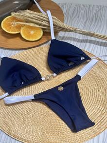 Navy Blue And White String Bikini With Sun Buckle, Thong Style, Removable Padding, Polyamide, Tan Lines, Summer, Bronze, Cute, Knit Fabric, Tie-Back, Tie-Knot, Vacation, Beach. - 藏蓝色 - 查看 3