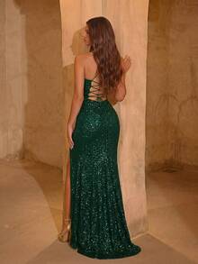 ADYCE Vestido de fiesta con lentejuelas, espalda cruzada, abertura alta y tirantes finos, adecuado para fiestas, eventos, invitados de boda, Año Nuevo - Verde Oscuro - Ver 2