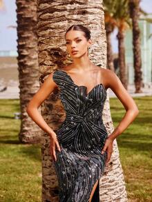 Faeriesty Women's Elegant Waist-Cinched Strapless Slit Design Party Dress Wedding - Black - View 1