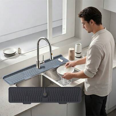 1pc Silicone Faucet Splash Guard, Kitchen Sink Non-Slip Mat, Soap Dish Holder, Bathroom Countertop Protector, Splash Guard, Multi-Function Sink Organizer | Silicone, Kitchen Sink Splash Cover