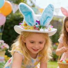 Easter Kids Bunny Ear Hat, Cute Colorful Sequins Wide Brim Cowgirl Hat Western Hat For Girls Boys - 藍色 - 查看 3