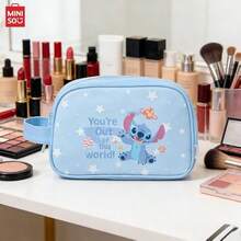 MINISO Disney Lilo &Amp; Stitch Cosmetic Bag, Blue Character Print, Rectangular Pouch With Zipper, Portable Makeup Storage - 1 - Xem 5
