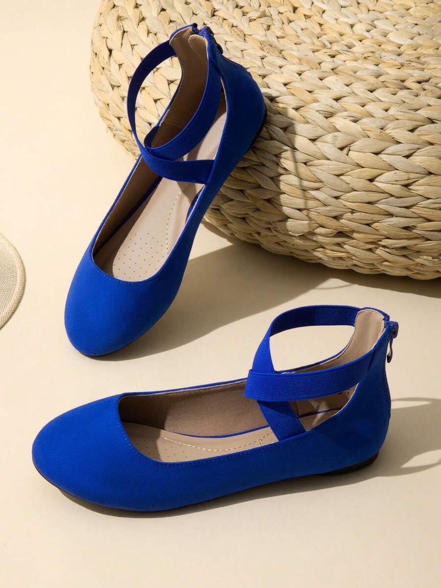 Women's Flats With Back Zipper Fashion Comfortable And Lightweight Cross Elastic Ankle Straps Daily Dressy Commuting Elegant Ballet Flats Shoes - 寶藍色 - 查看 1