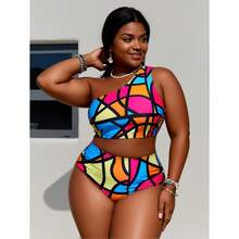 Plus Size Bikini Set - One Shoulder Swimsuit For Women - Stained Glass Print High Waisted Bathing Suit - Stretchy Swimwear For Summer Beach Pool - Nhiều màu 463 - Xem 1