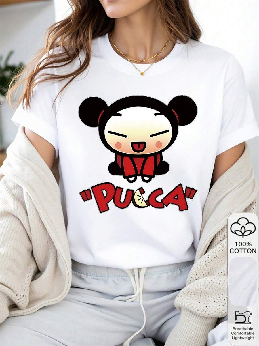 1PC 100% Cotton Pucca Cute Cartoon Character Print Women's Short Sleeve TShirt - White - View 1