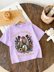 2pcs/Set Girls' Summer Top And Shorts Set, Loose Short Sleeve T-Shirt, Casual Minimalist Style, Suitable For School/Sports/Outdoor - Purple - View 3