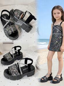 Rainbow Woven Platform Sandals​ With Adjustable Ankle Strap - Black - View 2