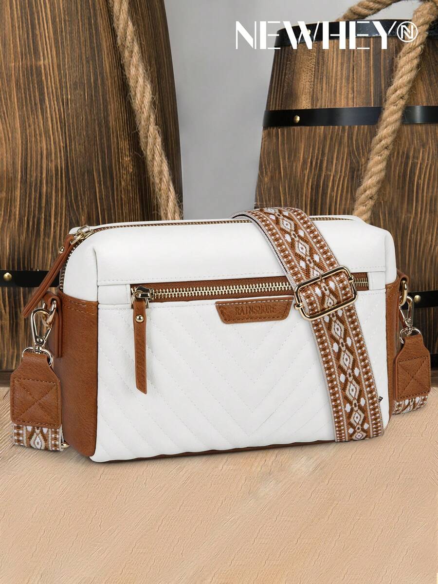 NEWHEY Men's Sling Bag, Small Size Genuine Leather Crossbody Bag, Quilted Shoulder Bag With Adjustable Guitar Strap, Waterproof Handbag For Travel, Shopping, Work - Multicolor - View 1