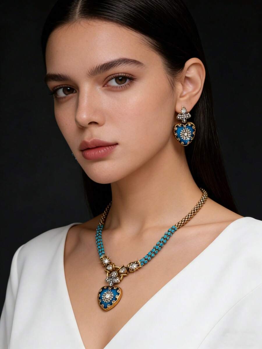 一套优雅迷人的蓝色海洋心形吊坠小众奢华珠宝套装，包括项链和耳环，适合女性佩戴。 - 彩色 - 查看 1