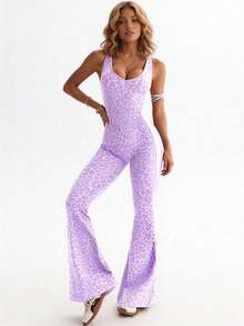NcmRyu 1pc Women Leopard Print Criss-Cross Back Design Ruched Lifting Flare Jumpsuit - Purple - View 3