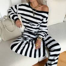 Women's Elegant Lightweight Knit Wide-Leg Pants, Spring/Summer - Black and White - View 7