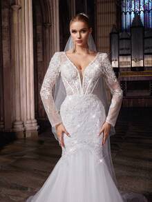 QOQ 优雅浪漫白色网纱深V领蕾丝长袖新娘婚纱礼服 - 白色 - 查看 7