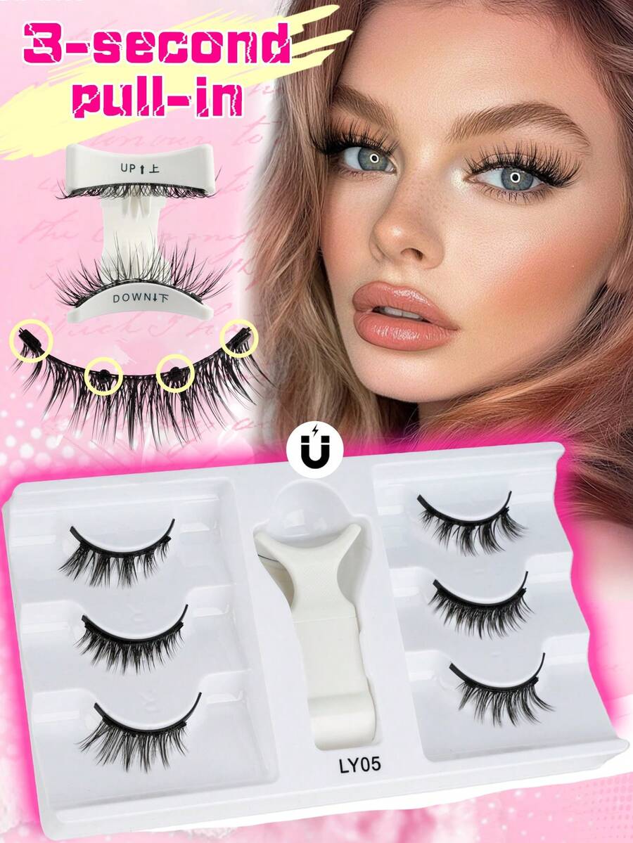 3 Cặp mi giả ngắn từ tính hỗn hợp có kẹp, nhẹ, không keo, làm từ lông chồn giả, xoăn, màu đen, giúp kéo dài mi, thích hợp cho các blogger làm đẹp, quà tặng cho phụ nữ. - màu đen - Xem 1