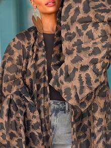 Women's Leopard Print Open Front Long Cardigan - Dramatic Bell Sleeves & Flowy Ruffle Hem | Loose Oversized Fit For Valentine's Day Date Nights, Romantic Dinners, Weekend Brunch, Vacation Outings, Casual Street Style, Coffee Runs, Shopping Trips & Effortless Layering (Statement-Making & Versatile) For Bold, Fashion Looks - 豹 - 查看 4
