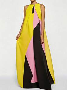 Magic Mia Women's Color Block Maxi Dress - Halter Neck With Bold Geometric Paneling & Side Pockets |  Fit For Evening Galas, Wedding Guest Attire, Date Nights, Vacation Getaways, Bridal Showers, Art Gallery Openings & Statement Styling (Eye-Catching & Confidence-Boosting) For Head-Turning Looks - 彩色 - 查看 2