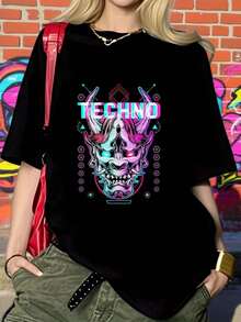 Camiseta de cuello redondo y hombros caídos con divertidos estampados circulares. - Negro - Ver 6