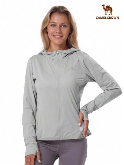 CAMEL CROWN 女士 UPF 50+ 运动夹克，轻便户外连帽长袖带口袋运动衫，徒步防风外套