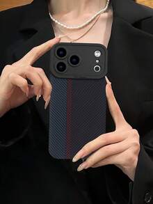 Sleek Carbon Fiber Texture Red & Blue Stripe Shockproof Phone Case, Slim Lightweight Protective Cover Compatible With IPhone 17/17 Pro/17 Pro Max, 16/15/14/13/12/11 Plus/Pro Max, Galaxy S21/S23/S24 Series - Black - View 2