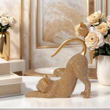 1件猫咪摆件，猫咪雕像家居装饰，树脂懒猫伸展雕塑，镶嵌闪亮水晶，桌面摆件，送给爱猫人士的创意礼物，适合圣诞节、万圣节、生日等场合 - 懶貓 - 查看 1