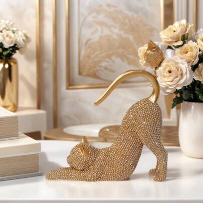 1pc Cat Figurine, Cat Statue Home Decor, Resin Lazy Cat Stretching Sculpture With Sparkling Crystal, Desk Decoration, Creative Gift For Cat Lovers, Suitable For Christmas, Halloween, Birthday