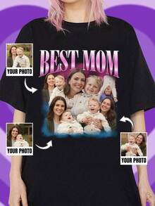Customized Photo Mother's Day T-Shirt, Personalized Mom Print Top, Vintage 2026 Mother's Day Gift, Black Color, Ideal Customized Gift For Mom - Black - View 1